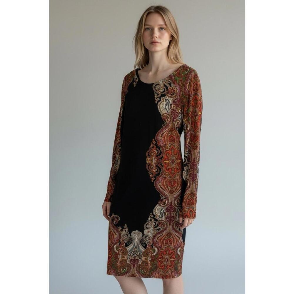 Cache Dress Women's Size 10 Multicolor‎ Paisley Print Long Sleeve Dress Stretch